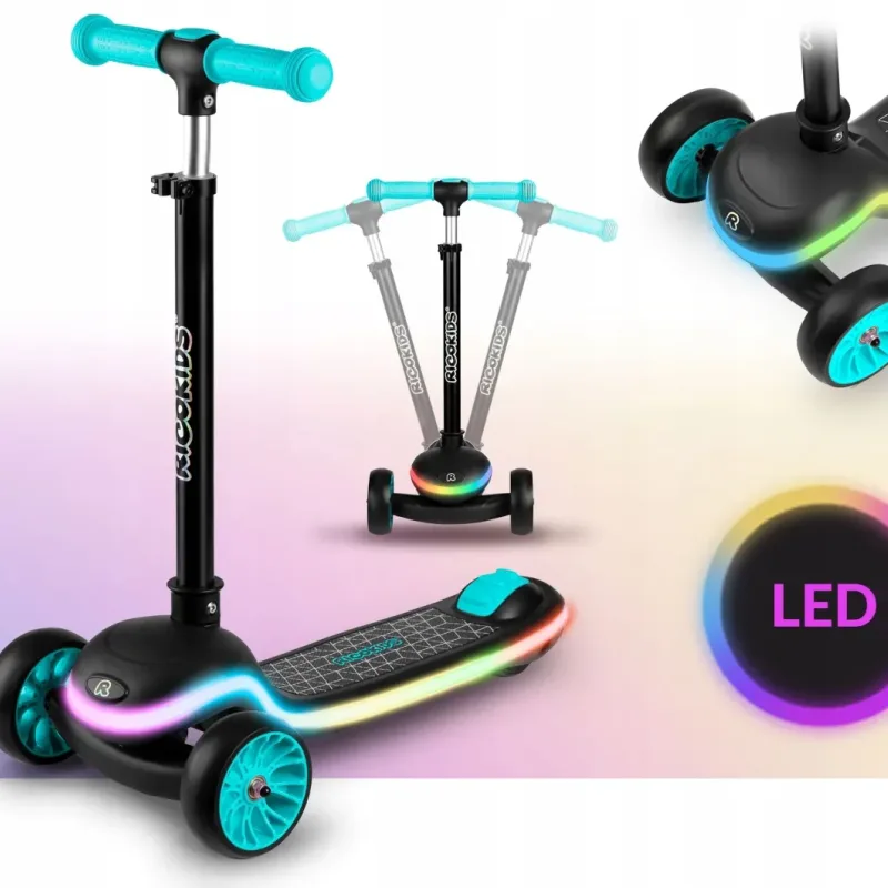 Дитячий самокат триколісний Ricokids Leddi чорно-бірюзовий