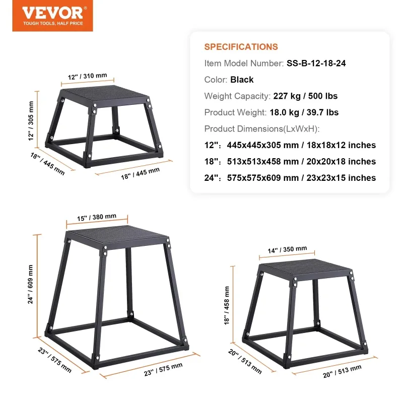 Пліометричний бокс VEVOR 30,5 - 45,8 - 60,9 см, чорний